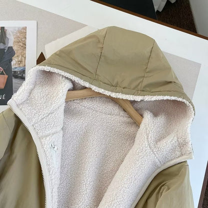 Women Cotton Coat Warm Faux Cashmere Hooded Jacket