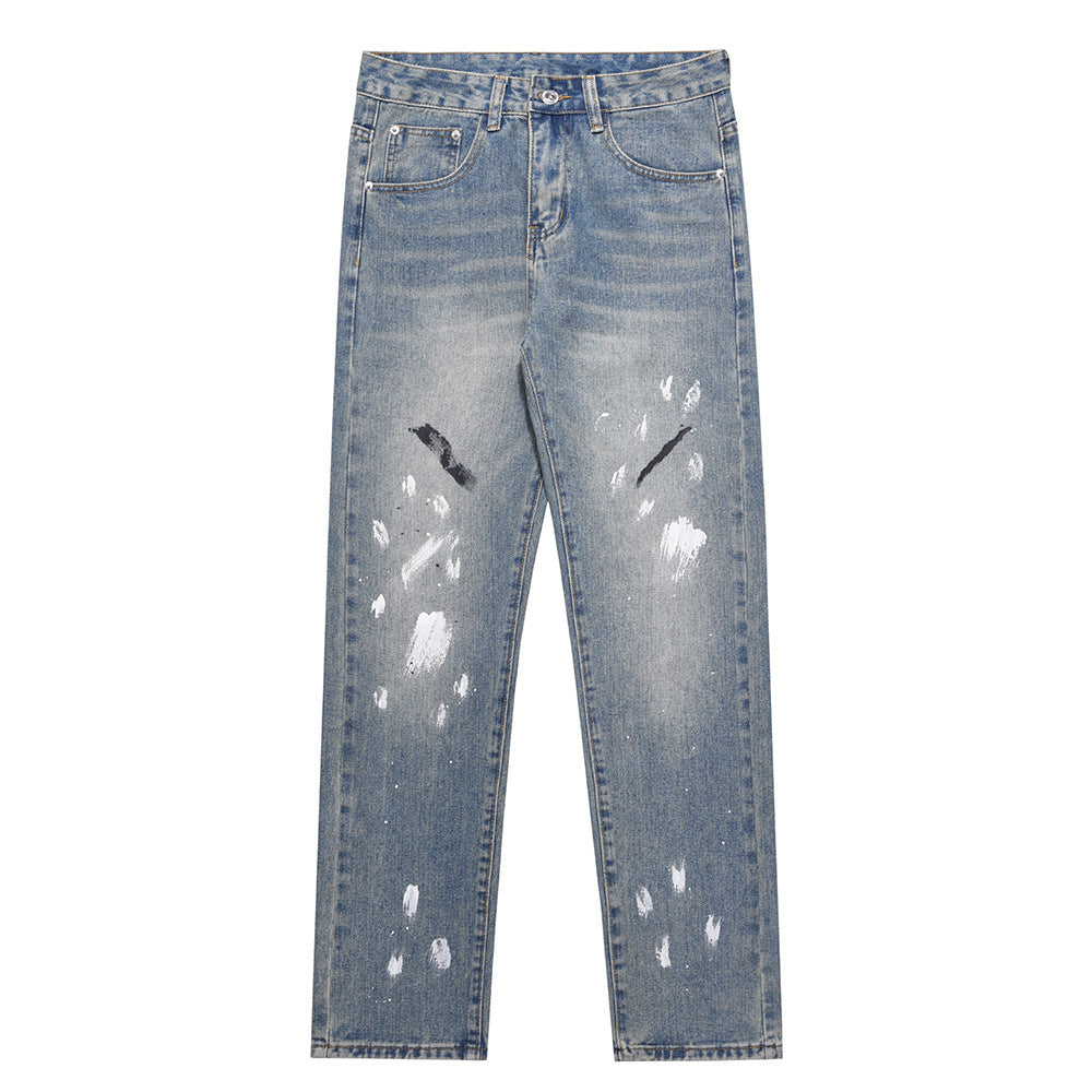 Men Jeans Loose Straight Personality Wide Leg Zipper Decorations