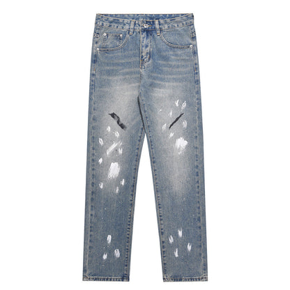 Men Jeans Loose Straight Personality Wide Leg Zipper Decorations