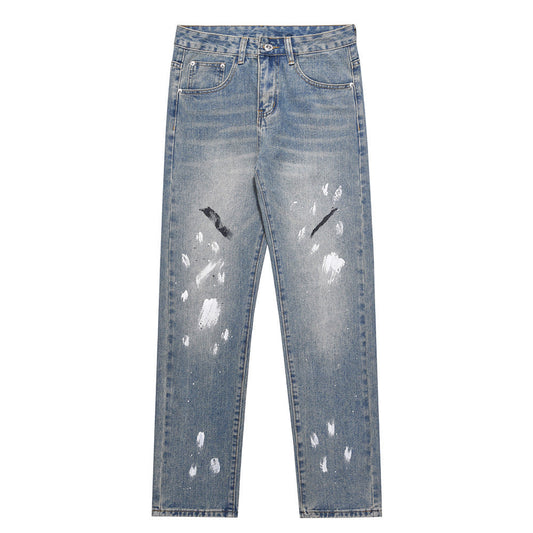 Men Jeans Loose Straight Personality Wide Leg Zipper Decorations