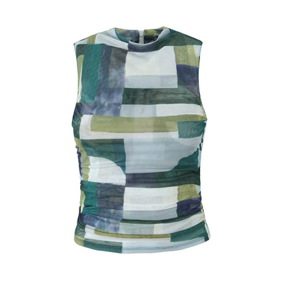 Women Tops Summer Mesh Printed Pleated T-shirt Vest