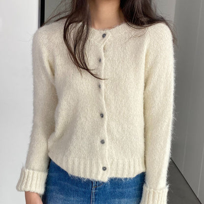 Women Cardigan Sweater Spring Alpaca Fleece/Fiber Cardigan Jacket Long-Sleeved round Neck Sweater Cardigan D2366