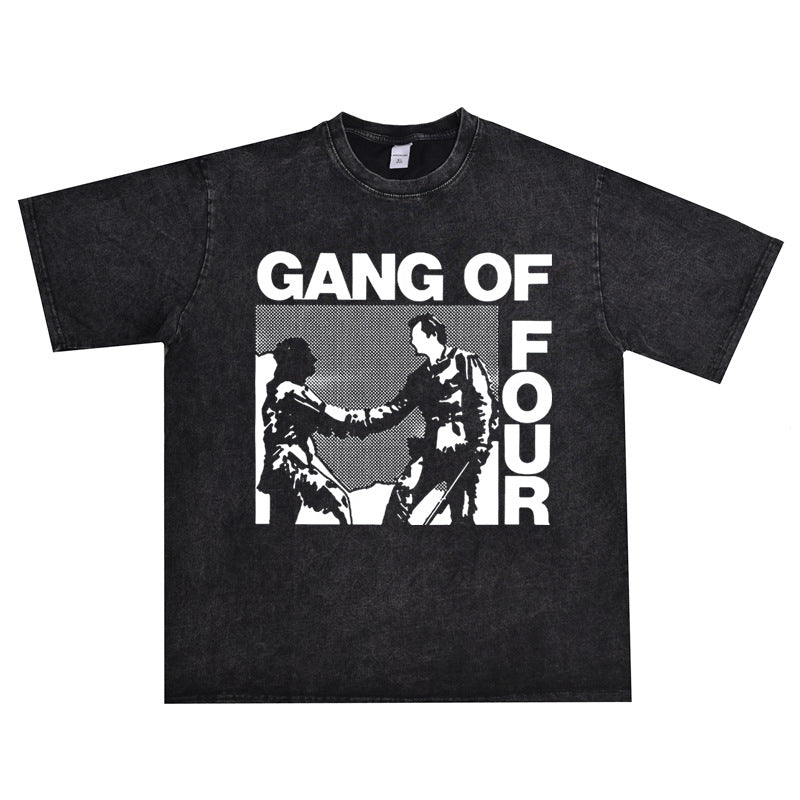 Rock Star T Shirt Gang of Four Band New Wave Washed Distressed Short Sleeve T-shirt Loose