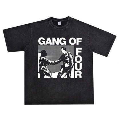 Rock Star T Shirt Gang of Four Band New Wave Washed Distressed Short Sleeve T-shirt Loose