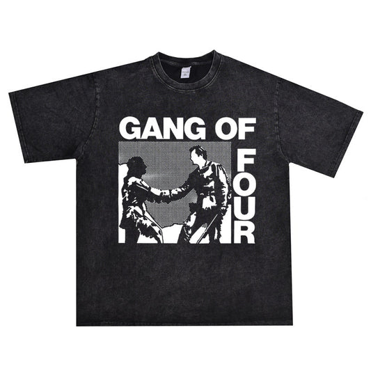 Rock Star T Shirt Gang of Four Band New Wave Washed Distressed Short Sleeve T-shirt Loose
