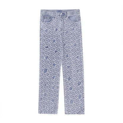 Men Jeans Hole Mesh Stitching Loose Straight