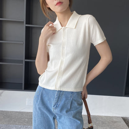 Women Knitted T-shirt Knitted Cardigan Jacket Slim Fit Short Sleeve Polo Collar Top