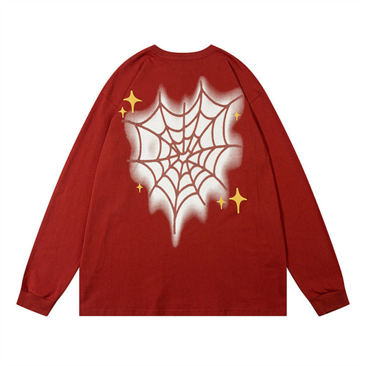 Men Long Sleeve T-shirt Spider Web Printed Cotton Casual Bottoming Shirt