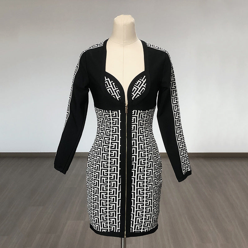 Women's Evening Dress Bandage Dress V-neck Zipper Dress