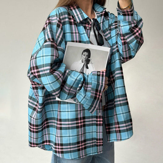 Women Trench Coat Winter Retro Plaid Long Sleeve Shirt Loose Casual Jacket