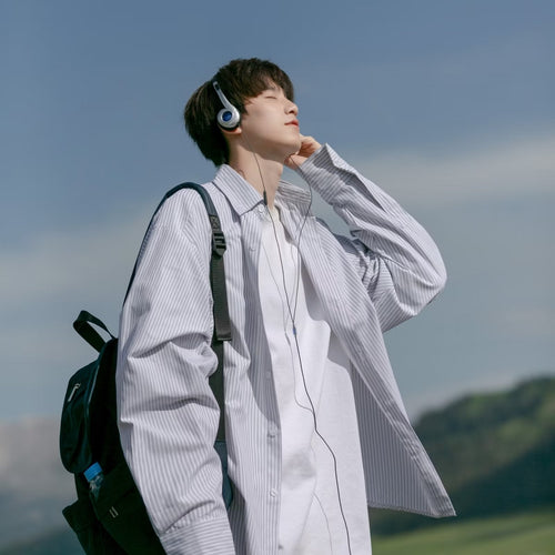 Men Shirts Striped Long Sleeve Loose Casual Jacket