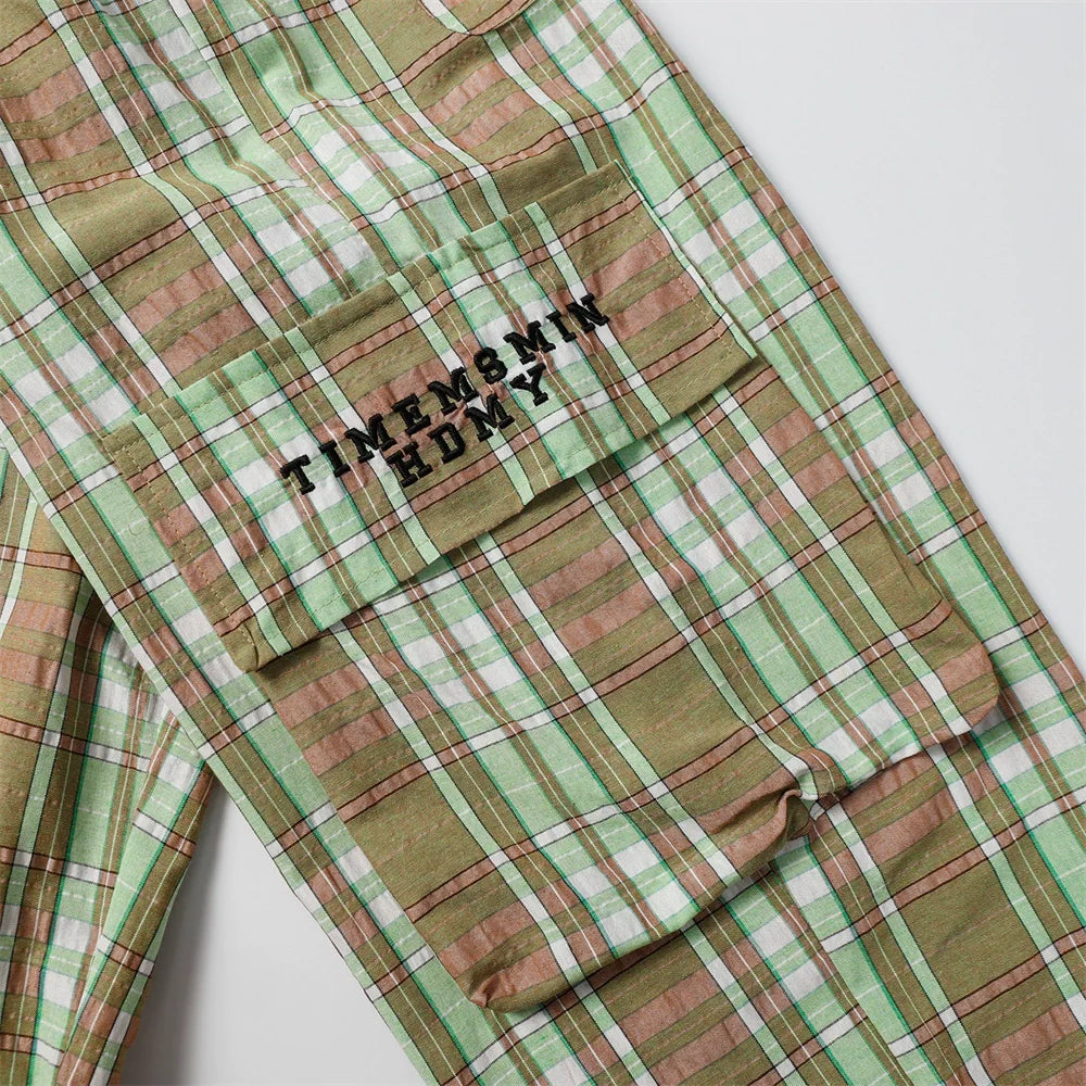 Men Sweatpants Plaid Casual Trousers Multi-Pocket Workwear Straight-Leg Pants