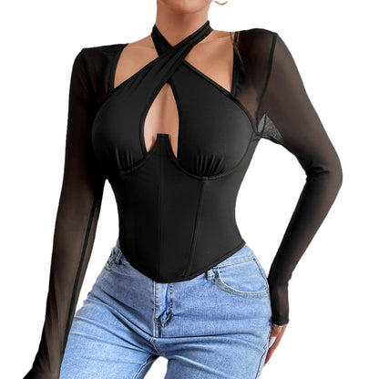 Women Party Tops Long-Sleeved T-shirt Steel Ring Fishbone Waist Top
