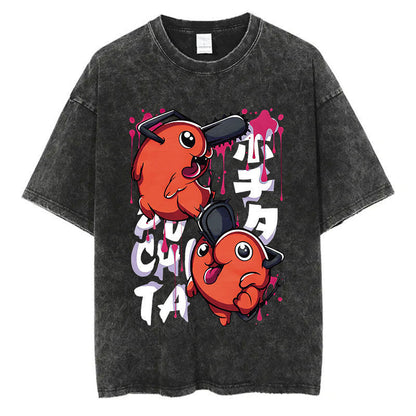Anime Chainsaw Men Washed Tshirt Retro Hip Hop Streetwear