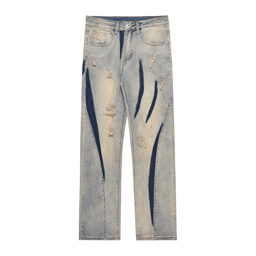 Men Jeans Color Matching Stitching Ripped Jeans Men's High Street Hip Hop Vintage Loose Wash Distressed Straight Long Pants
