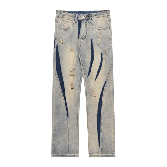 Men Jeans Color Matching Stitching Ripped Jeans Men's High Street Hip Hop Vintage Loose Wash Distressed Straight Long Pants