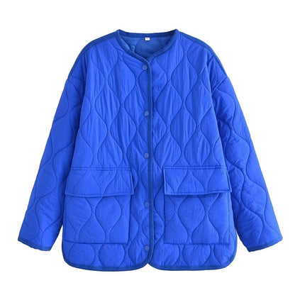 Women Cotton Coat Fashion Collarless Diamond Lattice Loose
