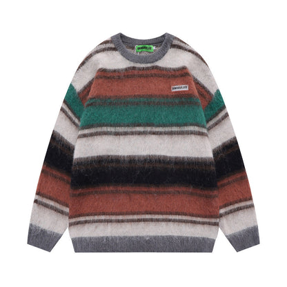 Men Sweater Striped Crew Neck Sweater Loose Knit Shirt