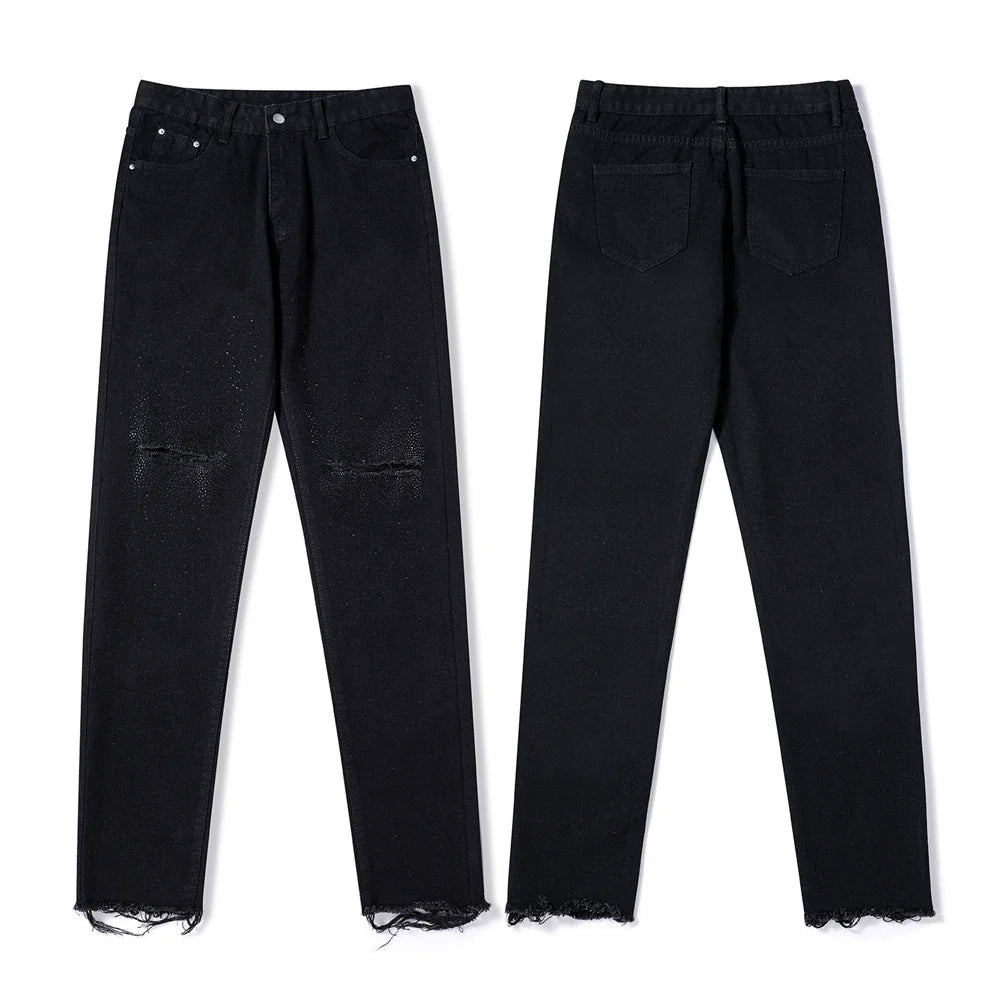 Men Jeans Raw Hem Ripped Casual Loose
