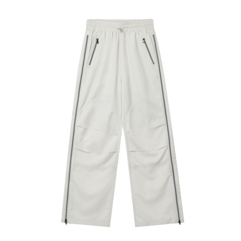 Men Sweatpants Exercise Casual Pants Side Stitching Zipper Slit Elastic-Waist Straight-Leg Pants