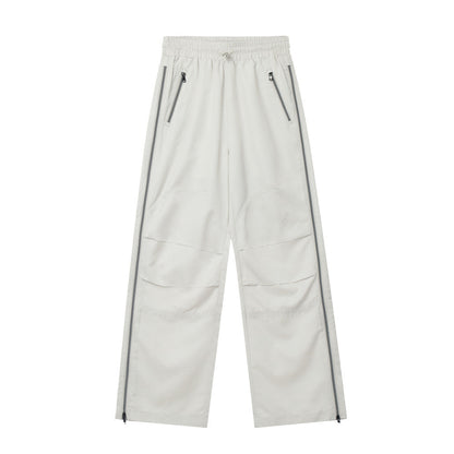 Men Sweatpants Exercise Casual Pants Side Stitching Zipper Slit Elastic-Waist Straight-Leg Pants