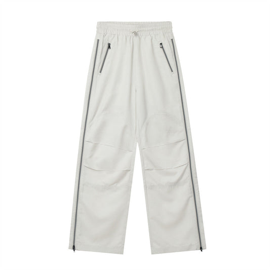 Men Sweatpants Exercise Casual Pants Side Stitching Zipper Slit Elastic-Waist Straight-Leg Pants