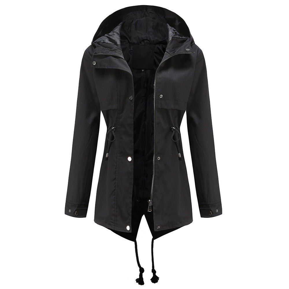 Women Trench Coat Mid-Length Hooded Jacket Long-Sleeved Raincoat