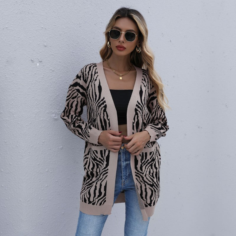 Women Knitted Sweater Autumn and Winter Leisure Sweater Leopard Print Long Sleeve Cardigan Jacket