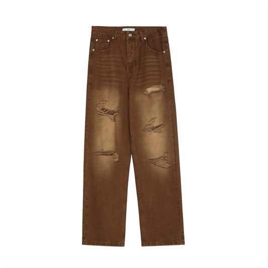 Men Jeans Ripped Distressed Loose Casual Straight Wide Leg