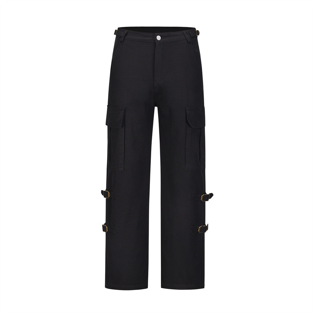 Men Sweatpants Vintage Large Pocket Overalls Loose Casual Straight-Leg Wide Leg Pants Trousers