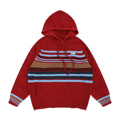 Men Sweater Striped Pullover Sweater with Hat Retro Tatted