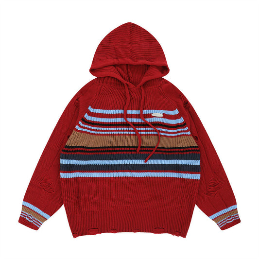 Men Sweater Striped Pullover Sweater with Hat Retro Tatted