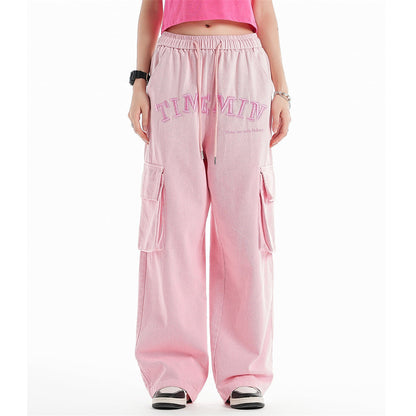 Men Sweatpants Wash Water Gradient Tie-Dye Straight-Leg Trousers Embroidery Loose Pockets Workwear Casual Pants