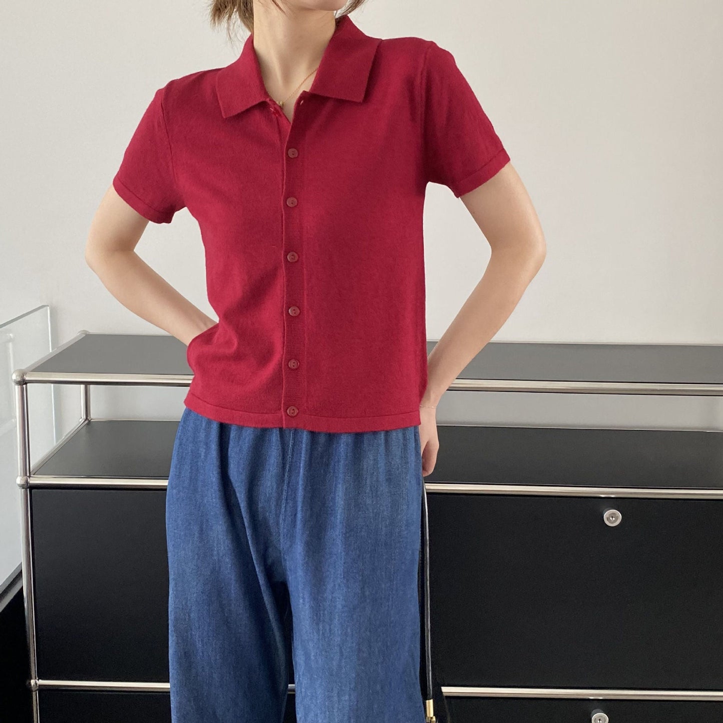 Women Knitted T-shirt Knitted Cardigan Jacket Slim Fit Short Sleeve Polo Collar Top