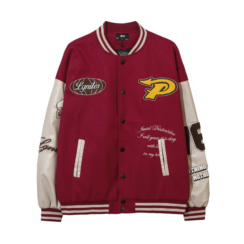 Women Jackets Vintage Flocking Embroidered Baseball Uniform PU Leather Jacket