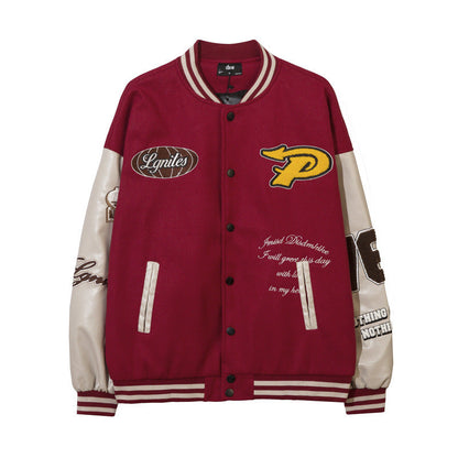 Women Jackets Vintage Flocking Embroidered Baseball Uniform PU Leather Jacket