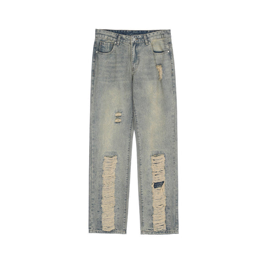 Men Jeans Ripped Distressed Loose Casual Retro