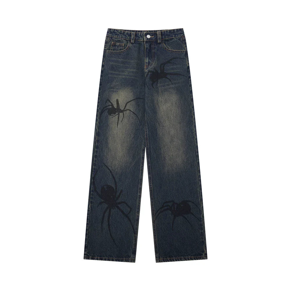 Women Pants Spider Print Straight Jeans Loose-Fitting Wide-Leg Trousers