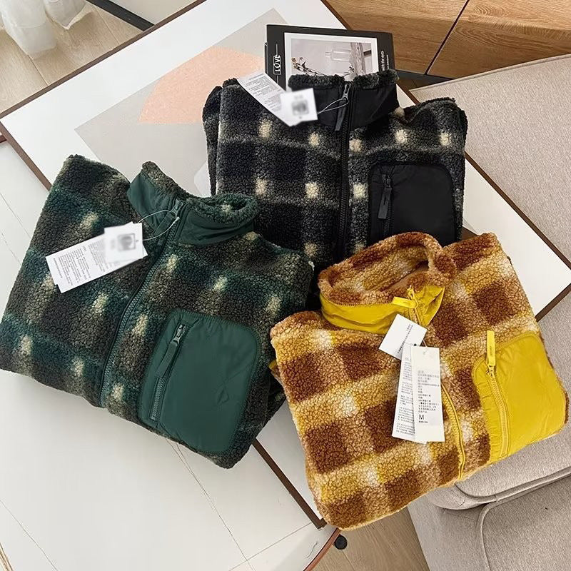 Women Cotton Coat Couple's Polar Fleece Stand Collar Plaid Jacket