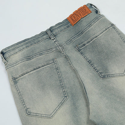 Men Jeans Bright White Loose Distressed Retro Patchwork