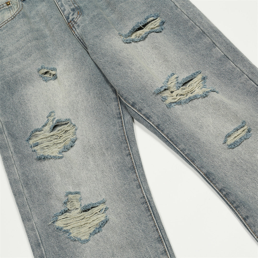 Men Jeans Loose Hole Casual White Distressed