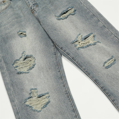 Men Jeans Loose Hole Casual White Distressed