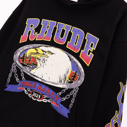 Rhude Hoodie Alphabet Eagle Flame Sleeve Hooded Sweater