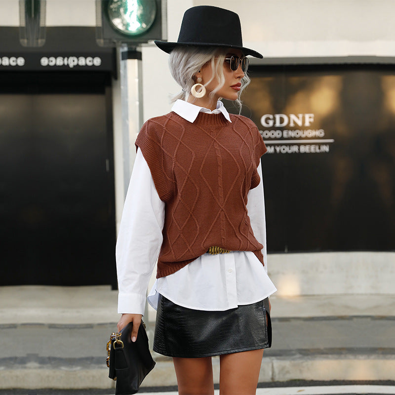 Women Knitted Sweater Autumn Short Sleeve Solid Color Cable-Knit Sweater Vest Jacket