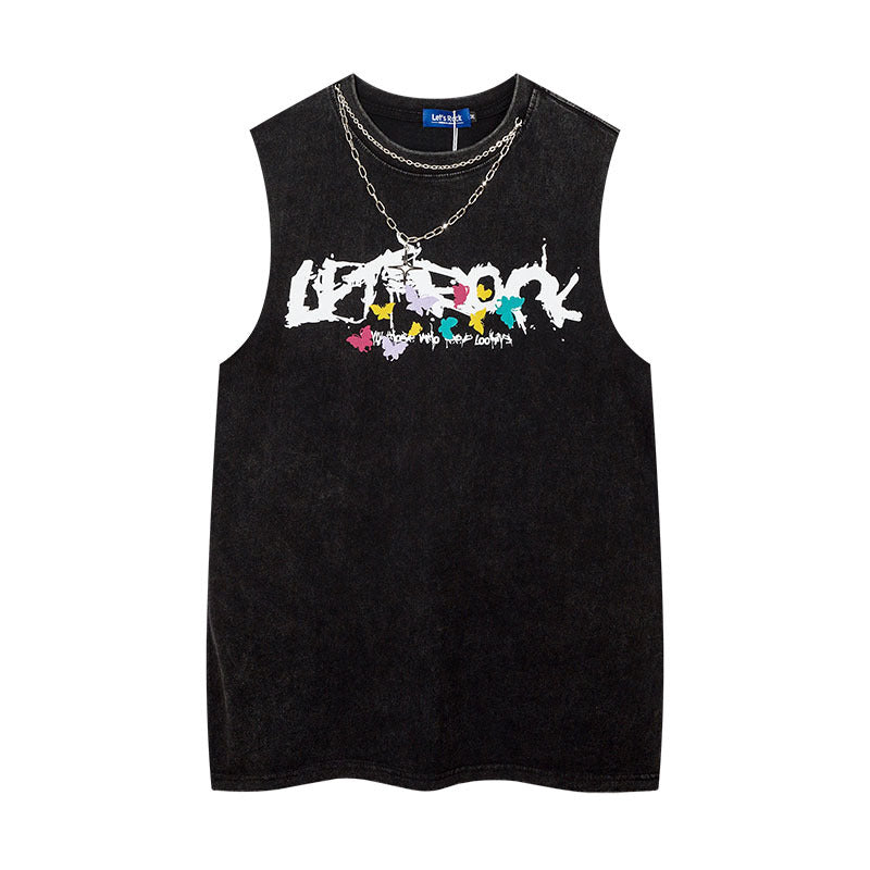 Women Vest Ripped Letter-Printing Necklace Sleeveless T-shirt