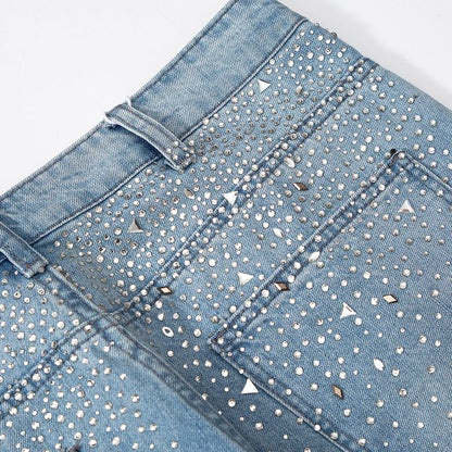 Men Jeans Solid Color Diamond-Embedded Loose Wide-Leg Pants Trendy Casual
