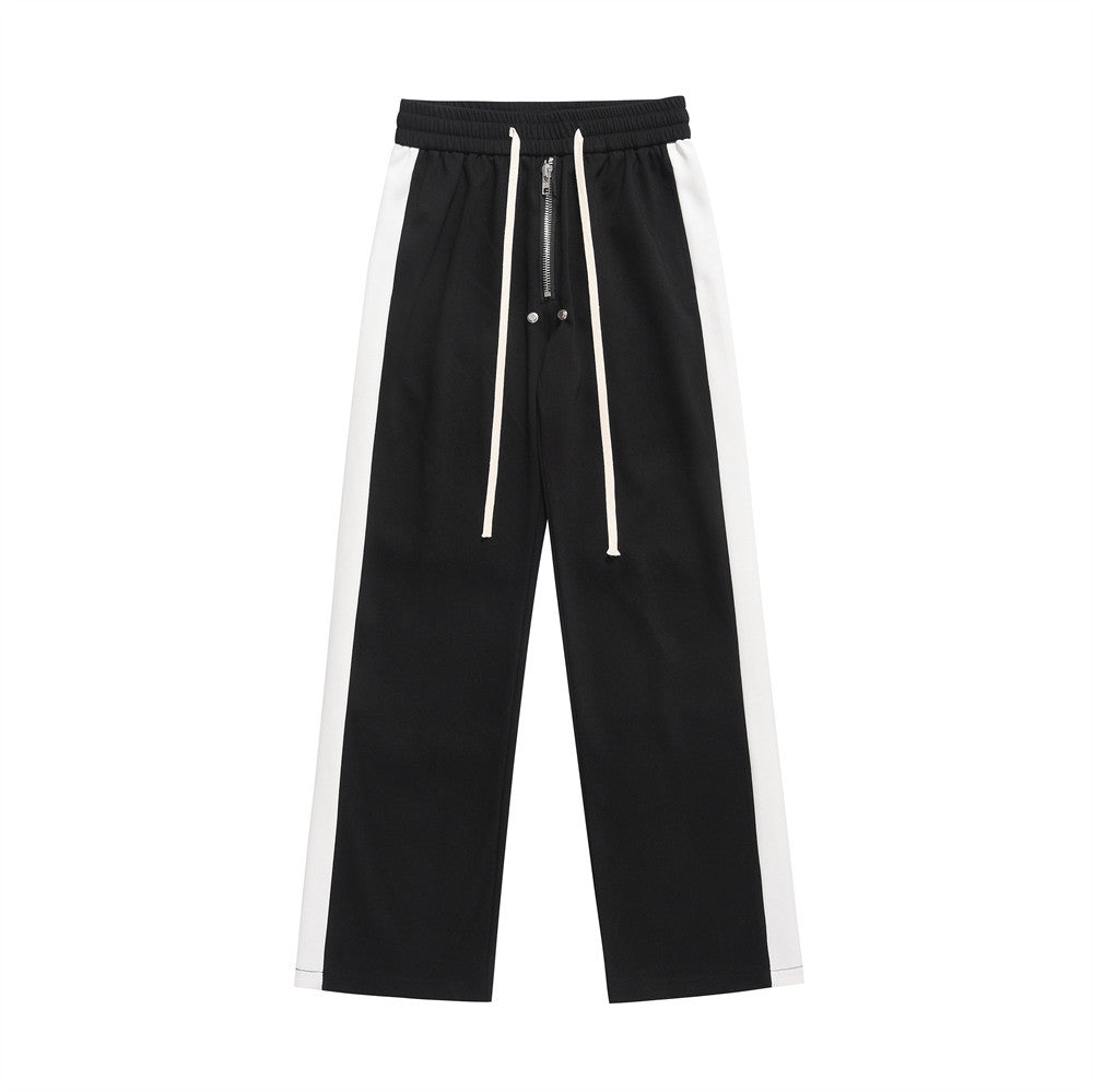 Men Sweatpants Color Matching Sports Casual Pants Zipper Elastic Waist Loose Trousers