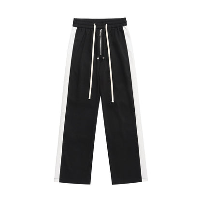 Men Sweatpants Color Matching Sports Casual Pants Zipper Elastic Waist Loose Trousers