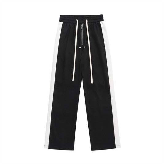 Men Sweatpants Color Matching Sports Casual Pants Zipper Elastic Waist Loose Trousers