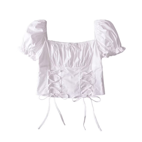 Women Tops Summer Vintage Court Style Puff Sleeve Square Collar Lace up Shirt
